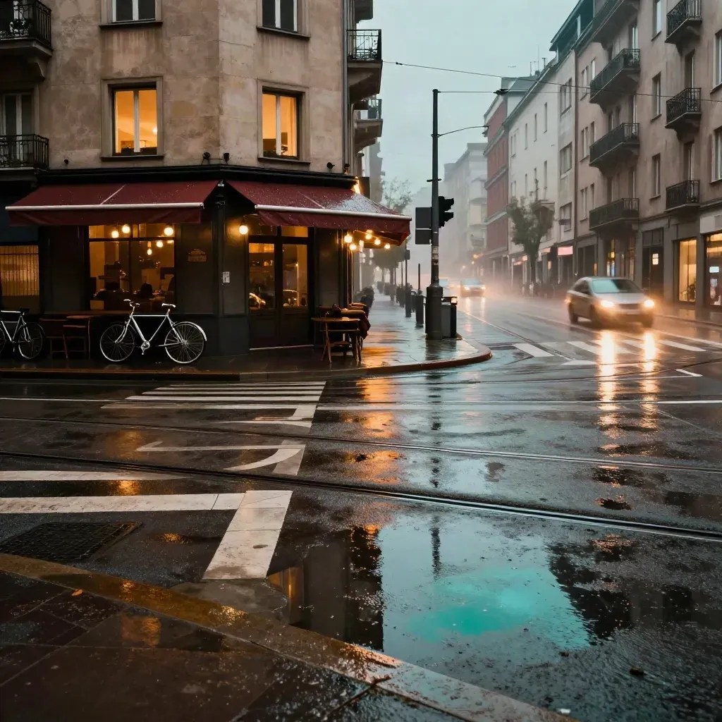 Rain-slick city corner at blue hour with tram tracks, glowing crosswalk, and misty apartments.