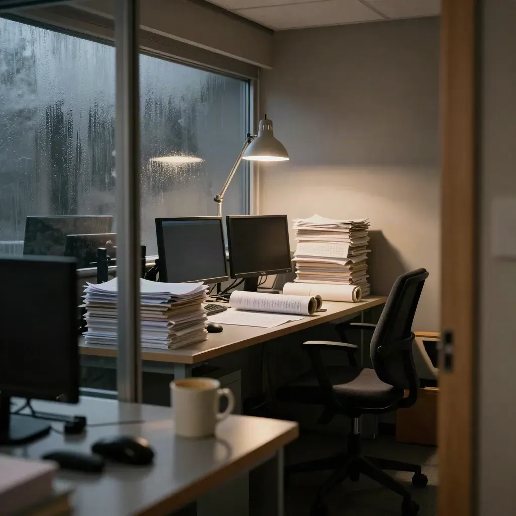 Empty newsroom editing bay at midnight with dark monitors, proof pages, paper rolls and a glowing desk lamp.
