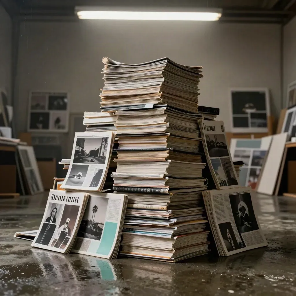 Damp magazine stacks and zines rise in a rain-hazed studio with teal reflections.