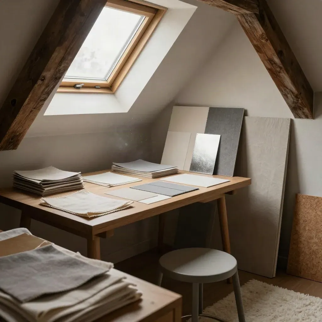 Attic design studio with swatches, mockup boards, stool and leaning board in soft daylight.