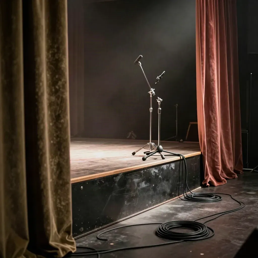 Empty club stage with drum riser, mic stands, coiled cables, velvet curtains, and warm haze