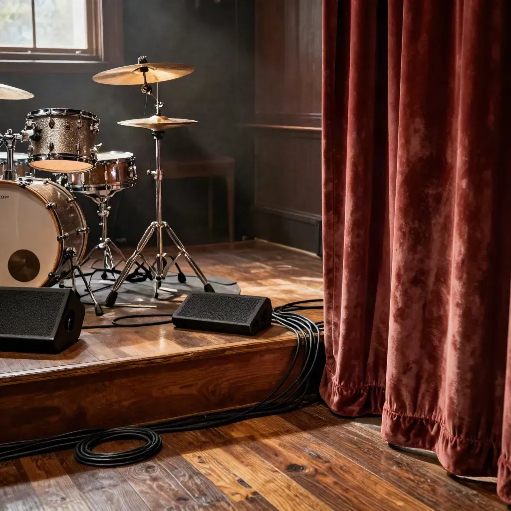 Empty small venue stage with drum kit, mic stands, haze, and warm velvet curtains.