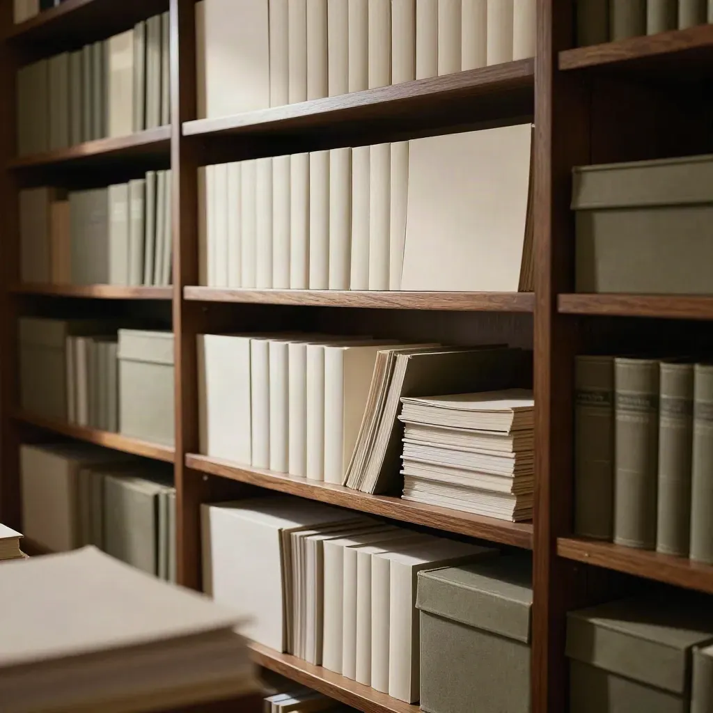 Quiet library aisle of art books, zines, and archival boxes on dense shelves.