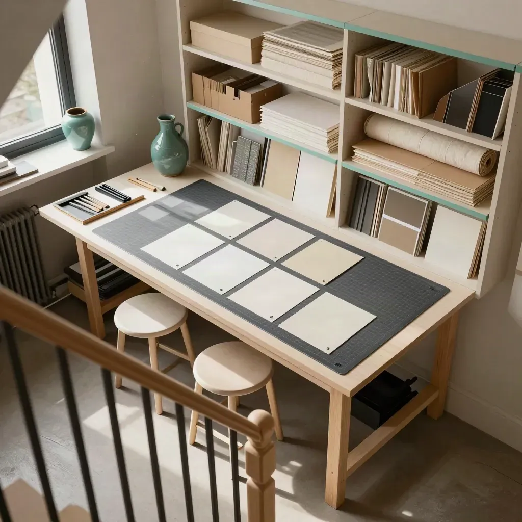 Loft workroom with drafting table, sample squares, stools, shelving, and soft daylight.
