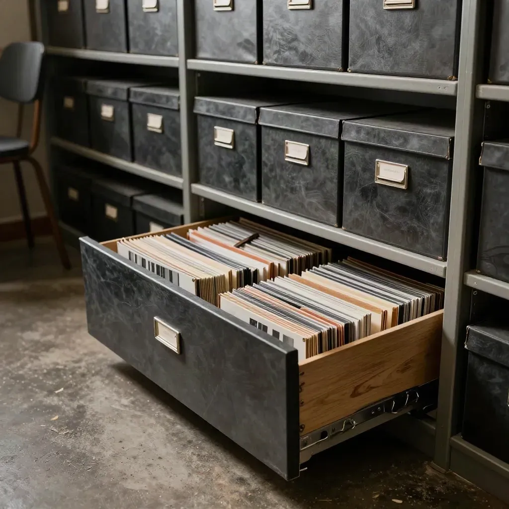 Low basement archive shelves, half-open drawer of magazine issues, and a lone chair in cool stillness.