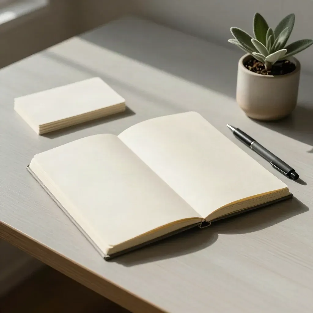 Blank project notebook, pen, face-down cards, and tiny plant on pale wood in soft light.