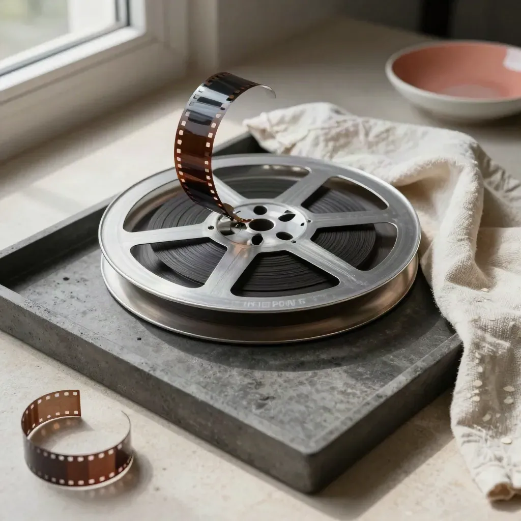 Top-down film reel with negatives, cloth, and ceramic dish on a concrete tray.