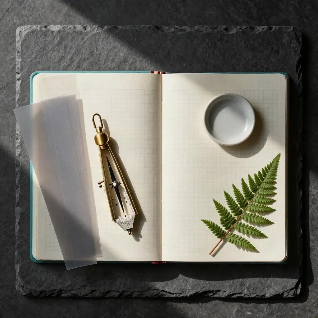 Top-down flatlay of grid notebook, brass compass, acetate sheets, ceramic dish and fern on dark stone.